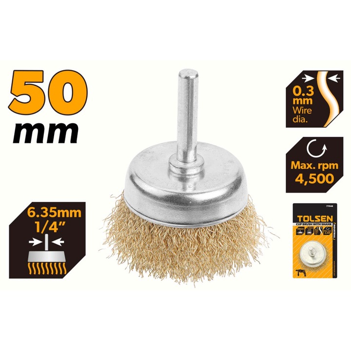 Perie tip cupa cu coada TOLSEN 50 mm, Sarma otel, Coada 6.35 mm, Curatare rugina, finisare suprafete metalice, Uz industrial, Perie tip cupa cu coada TOLSEN 50 mm, Sarma otel, Coada 6.35 mm, Curatare rugina, finisare suprafete metalice, Uz industrial