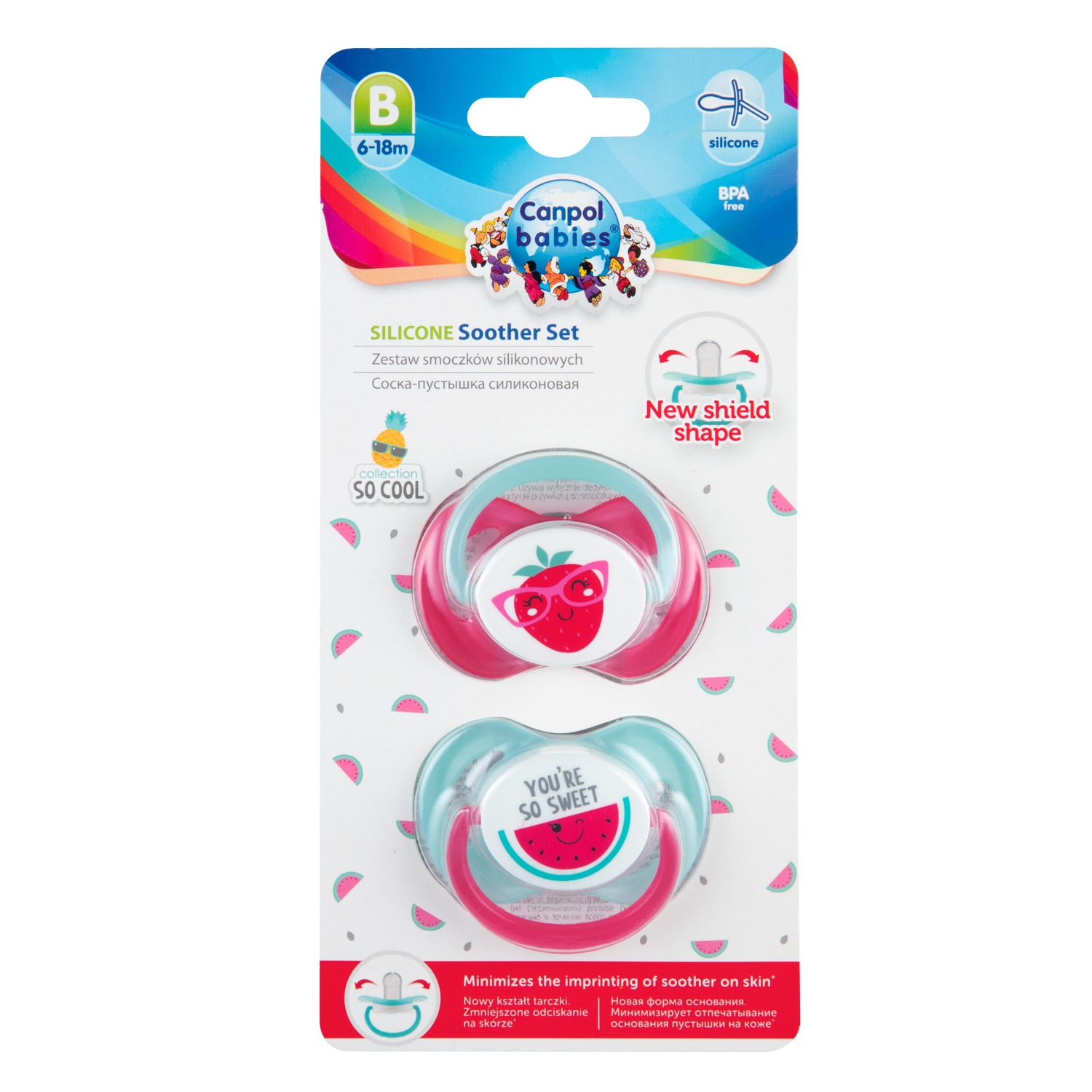 Set 2 suzete „So Cool“, Canpol babies®, cu tetina simetrica silicon, 6-18 luni, multicolor