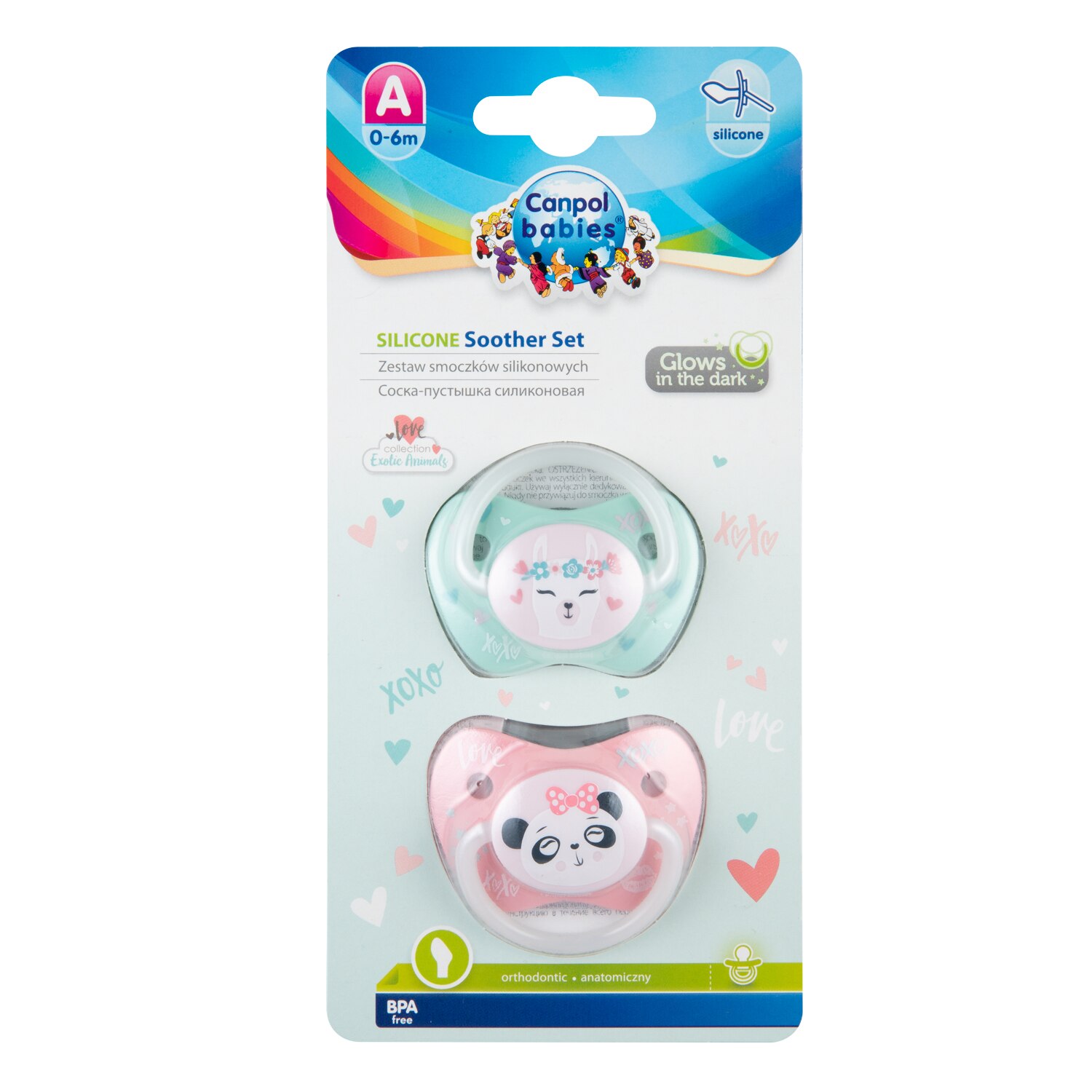 Set 2 suzete „Exotic Animals“, Canpol babies®, cu tetina ortodontica silicon, 0-6 luni, roz