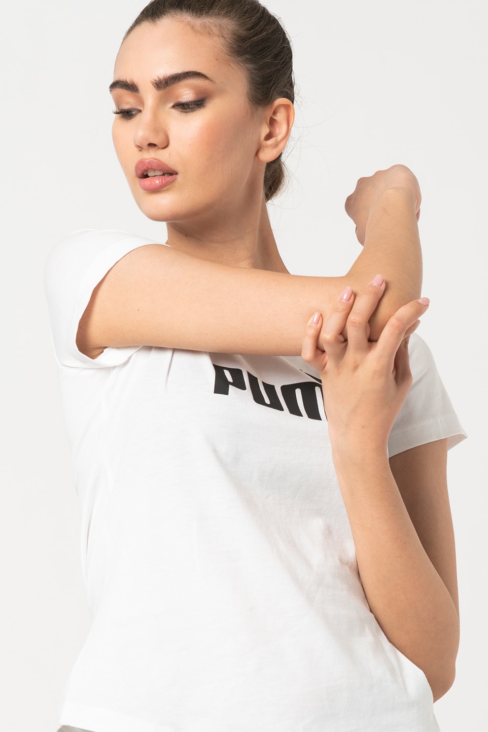 Puma, Tricou cu imprimeu pentru fitness Ess, Alb, L