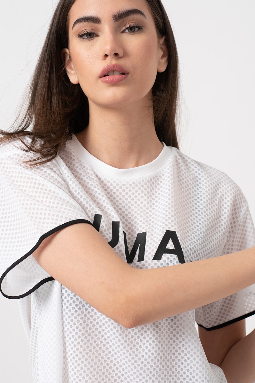 Puma, Tricou cu imprimeu logo si aspect de plasa Chase, Alb, M