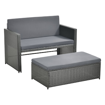 Set mobilier gradina Segovia DG, en.casa, 1 x canapea exterior, 1 x masuta exterior, 3 x perne, otel/poliratan, gri inchis/gri deschis, pentru 2 persoane Set mobilier gradina Segovia DG, en.casa, 1 x canapea exterior, 1 x masuta exterior, 3 x perne, otel/poliratan, gri inchis/gri deschis, pentru 2 persoane