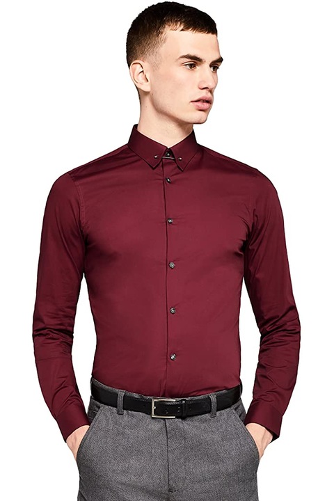 Cămașă Find pentru bărbați, Skinny Fit, guler cu știfturi, mânecă lungă, bumbac, Rosu inchis