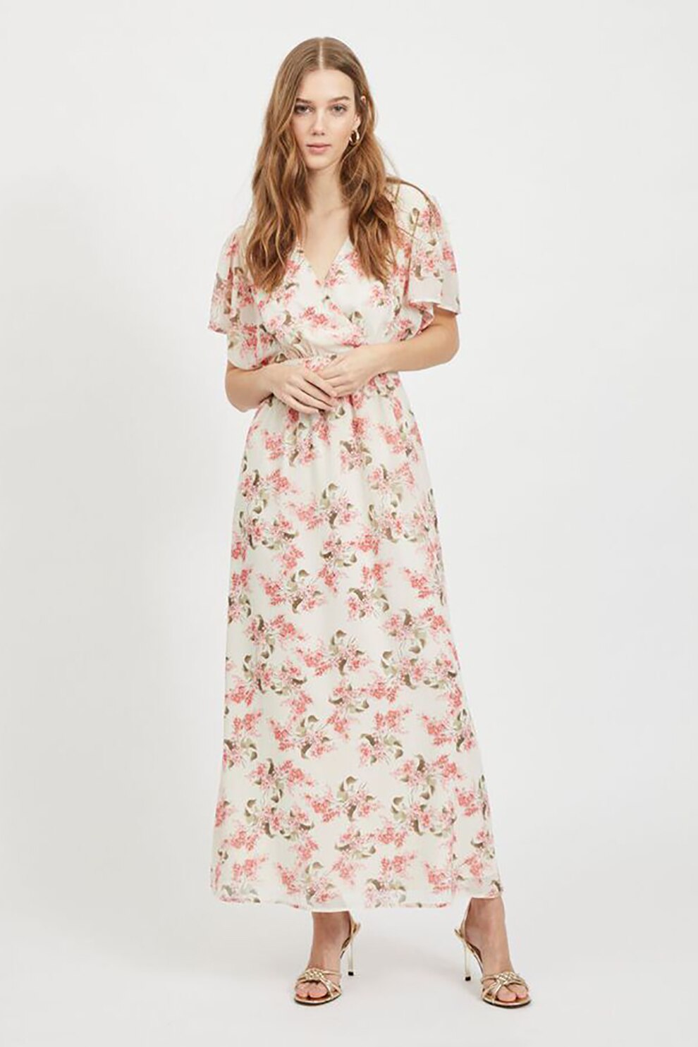 Vila, Rochie maxi cu model floral, alb, roz, verde militar