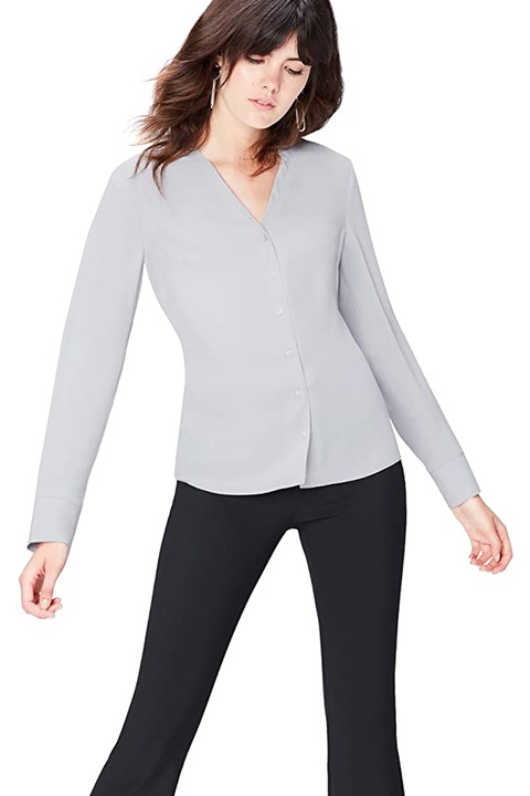 Cămașă Find pentru femei, șifon, mâneci lungi, decolteu în V, Gri