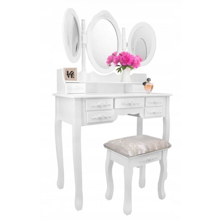 Gardenline Fésülködőasztal / smink, fehér, 3 tükörrel és székkel, Vintage, 90x40 cm