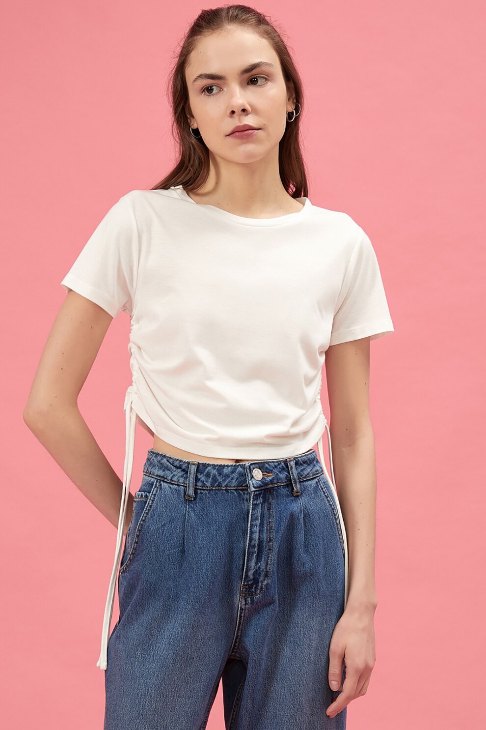 KOTON, Tricou crop cu snururi ajustabile, Alb