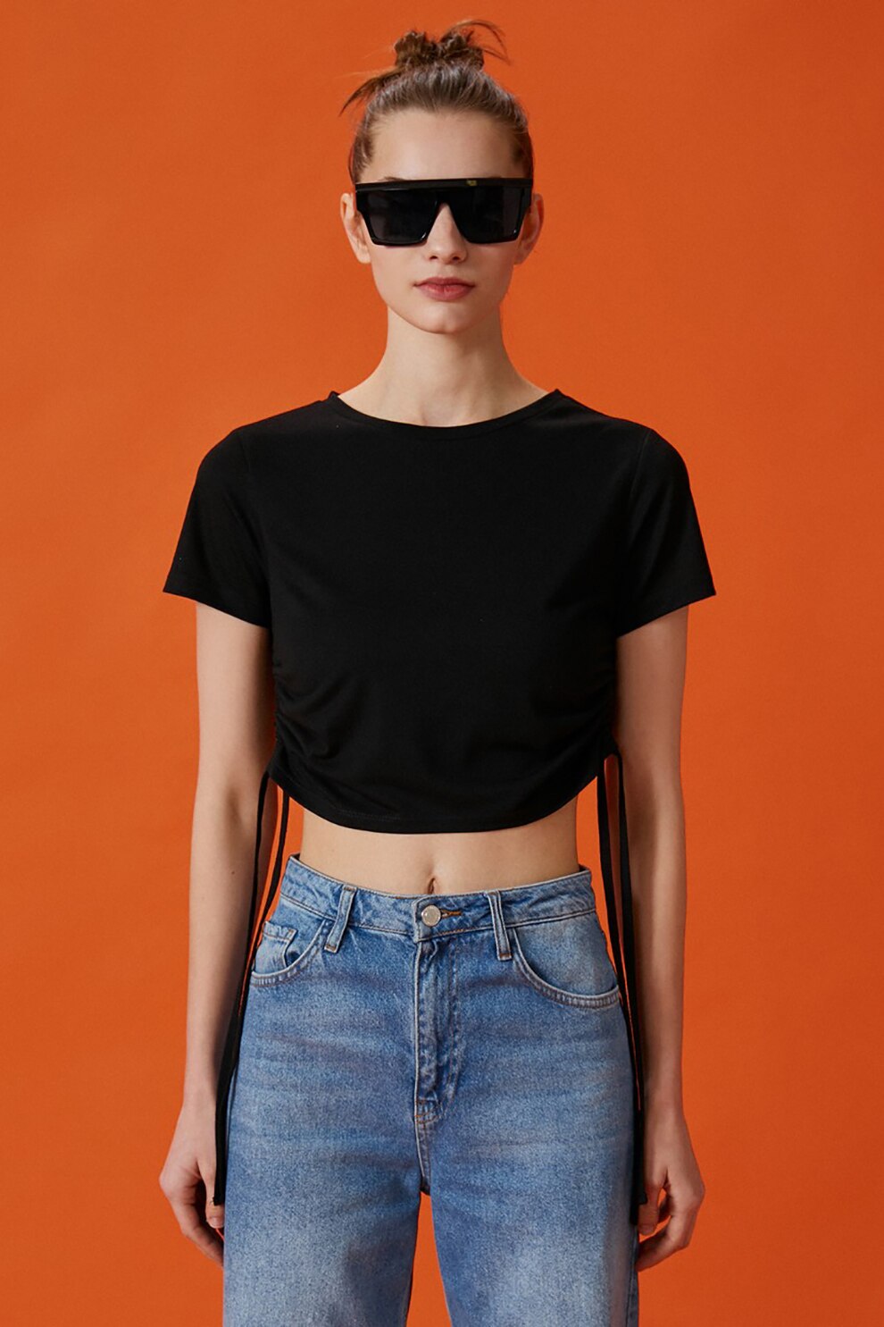 KOTON, Tricou crop cu snururi ajustabile, Negru