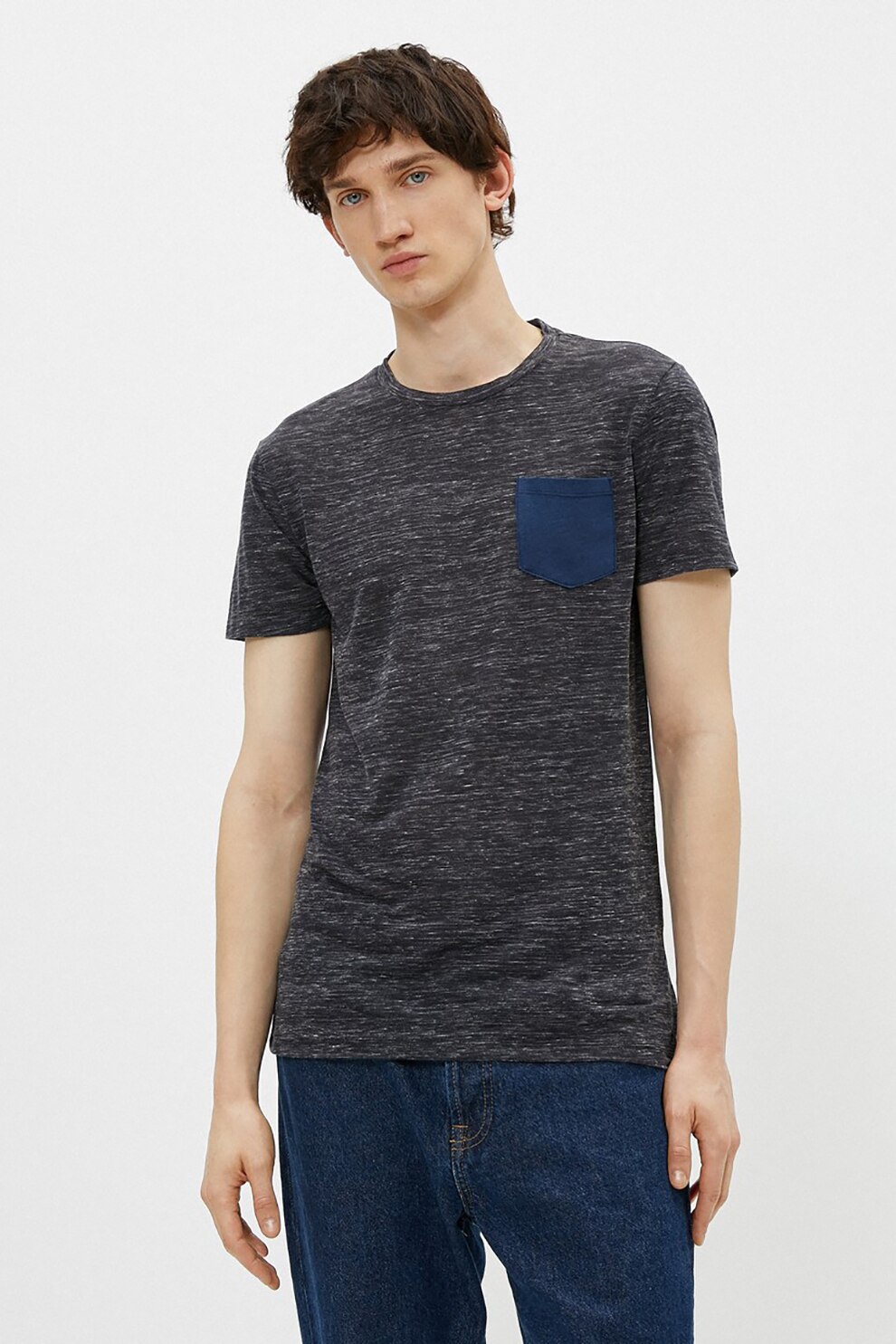 KOTON, Tricou cu buzunar pe piept, Gri inchis melange, S