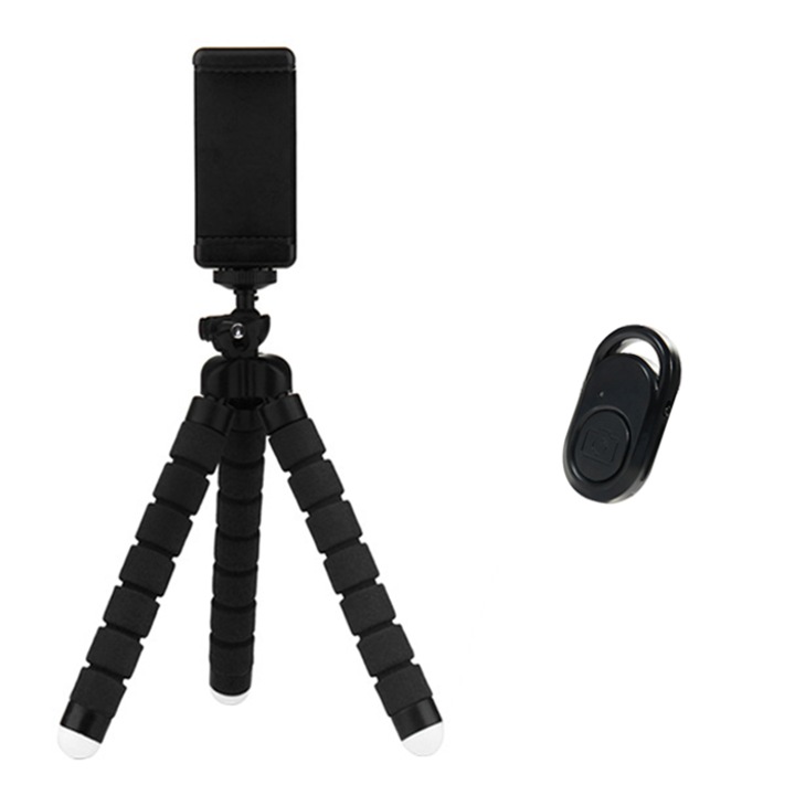 Rugalmas állvány, sundiguer®, Bluetooth, levehető távirányító, állítható dőlésszög, Selfie Stick, Fekete