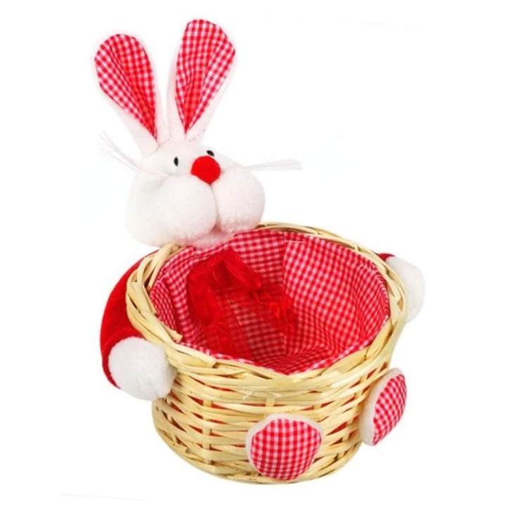 Cosulet pentru oua de Paste, impodobit cu iepuras 3D, captuseala rosie cu model geometric alb, diametru interior 13.5 cm