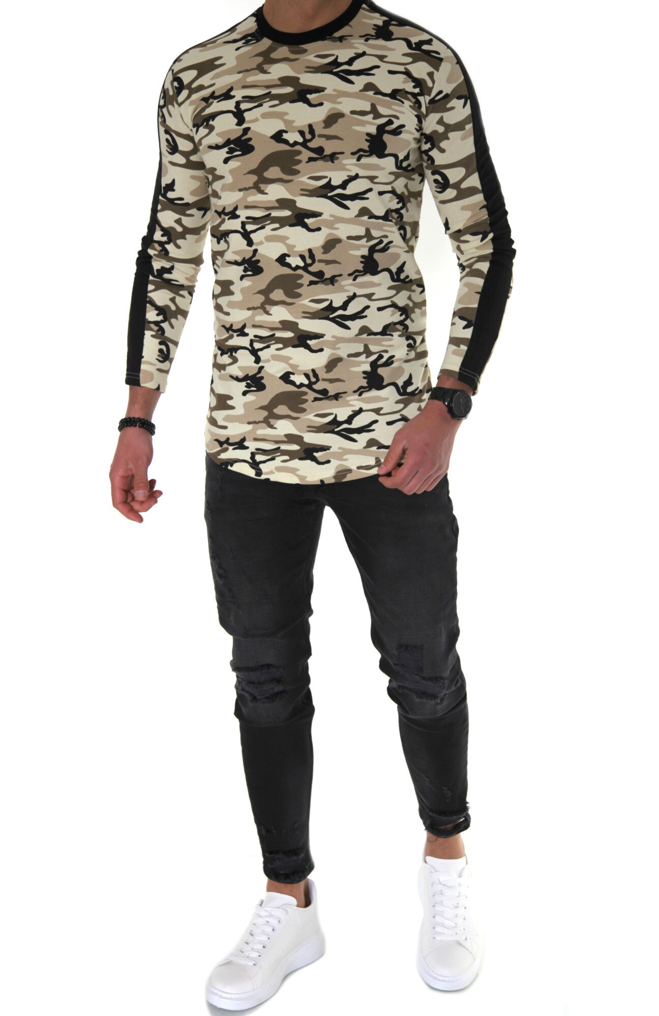 Bluza slim fit, camuflaj, barbati, Bej