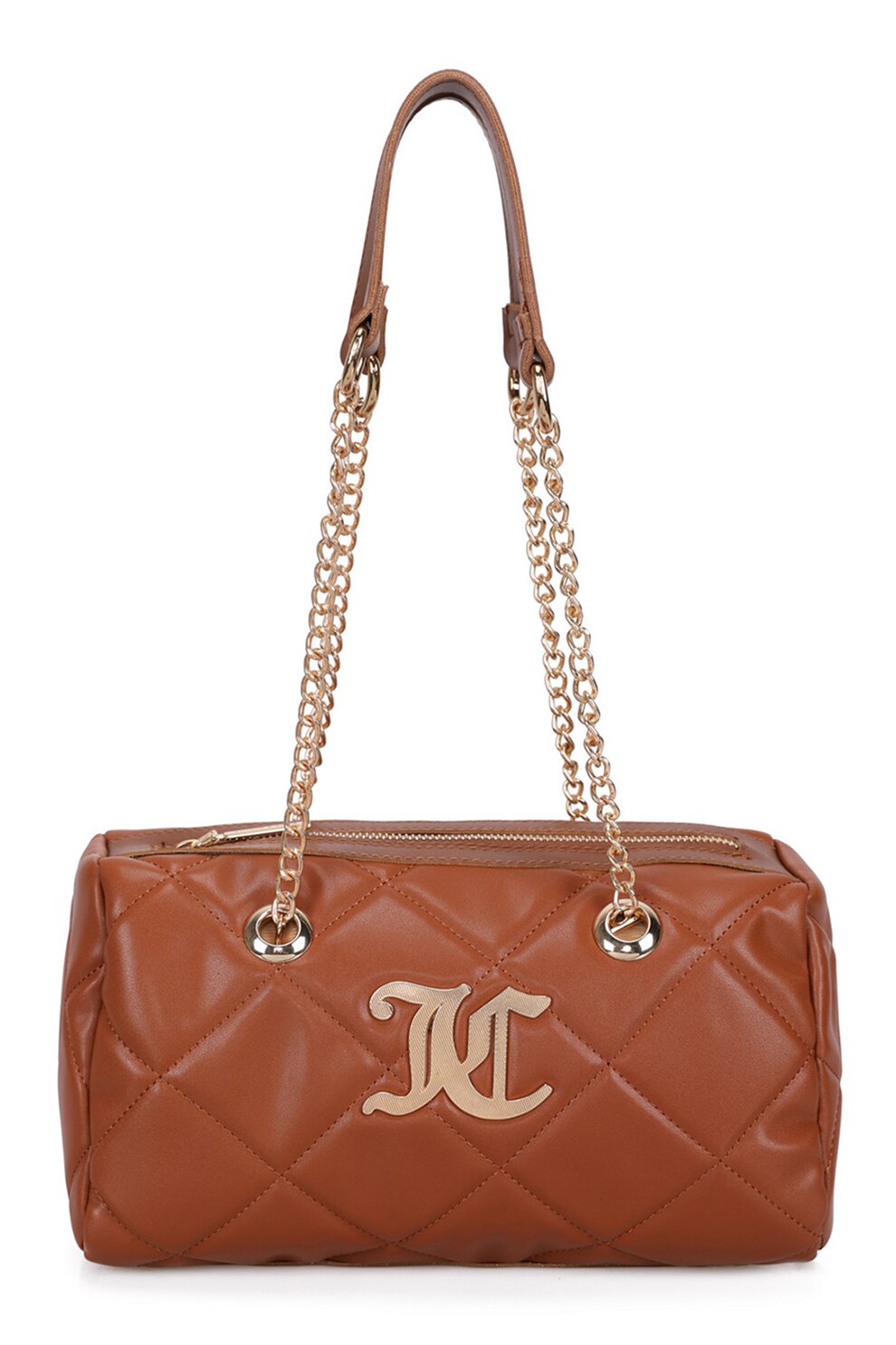 Juicy Couture, Geanta cu aspect matlasat si barete lant, Maro scortisoara/Auriu