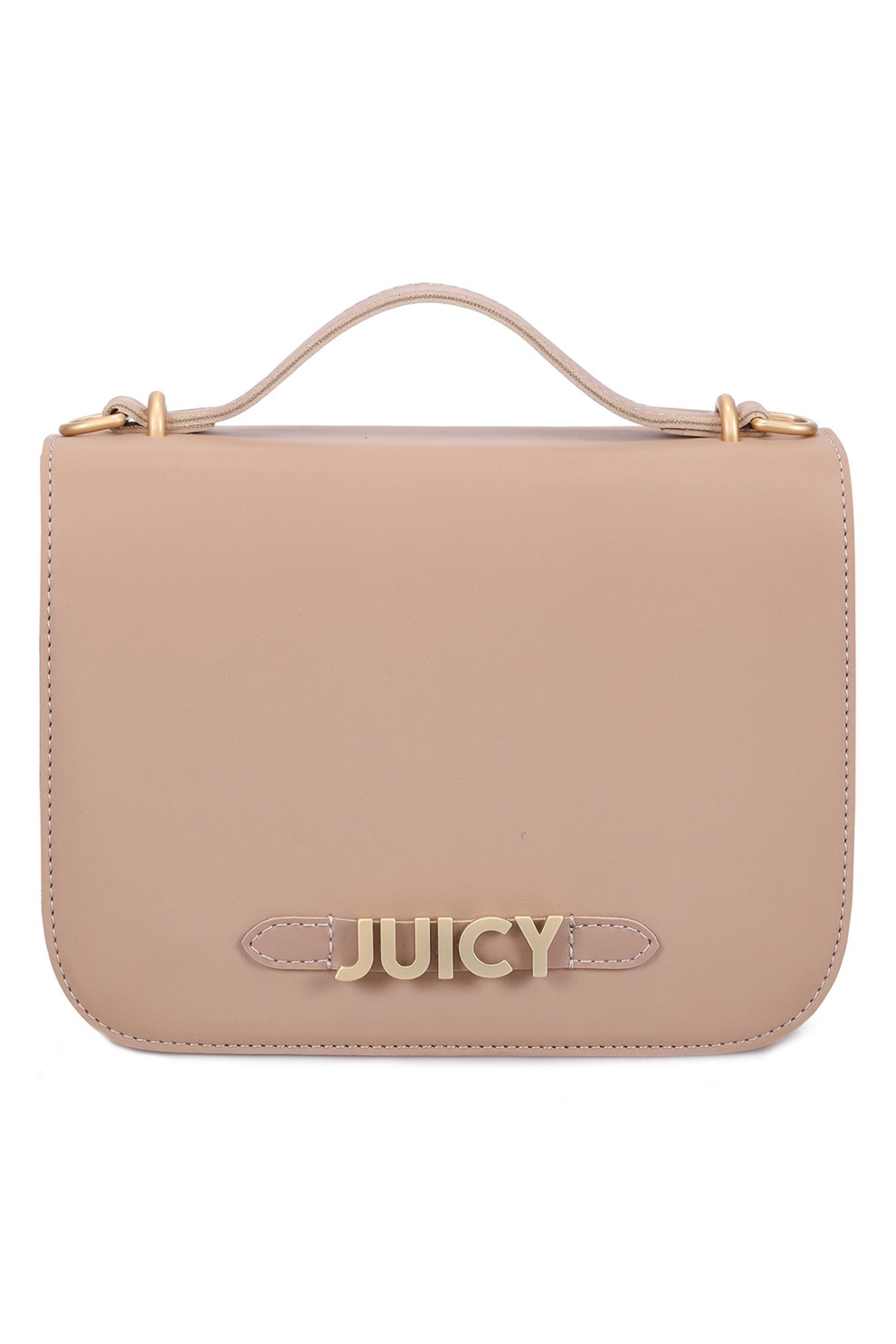 Juicy Couture, Geanta de piele ecologica cu bareta si logo metalic, Maro camel