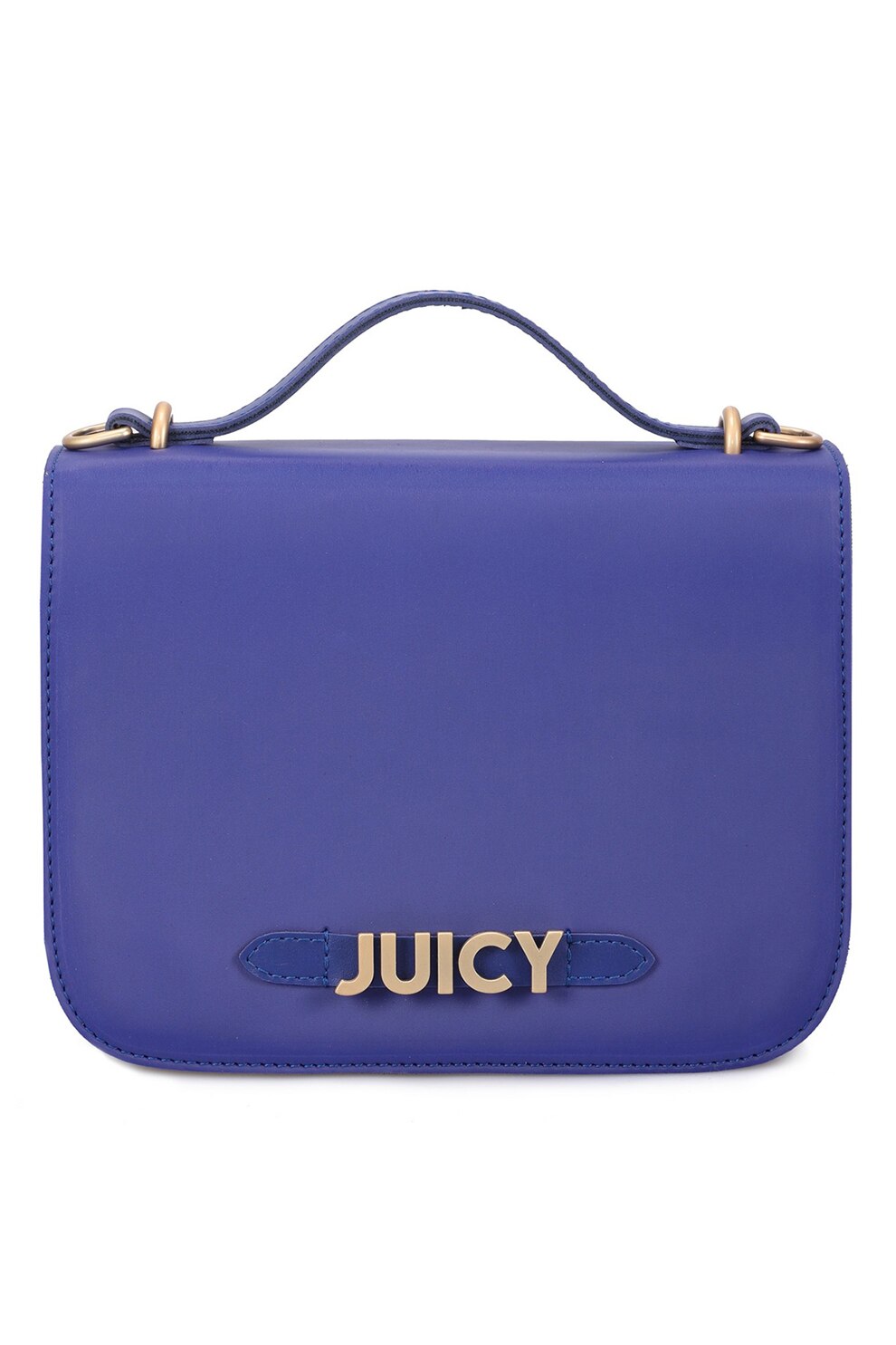 Juicy Couture, Geanta de piele ecologica cu bareta si logo metalic, Albastru inchis