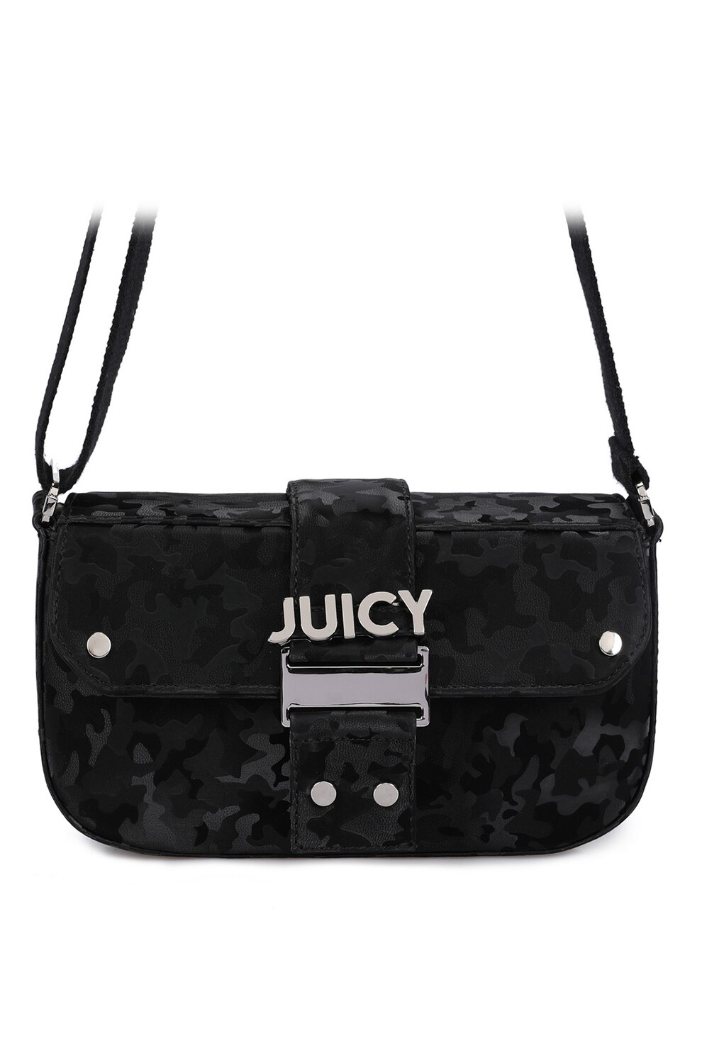 Juicy Couture, Geanta cu bareta, model si logo, Negru/Argintiu