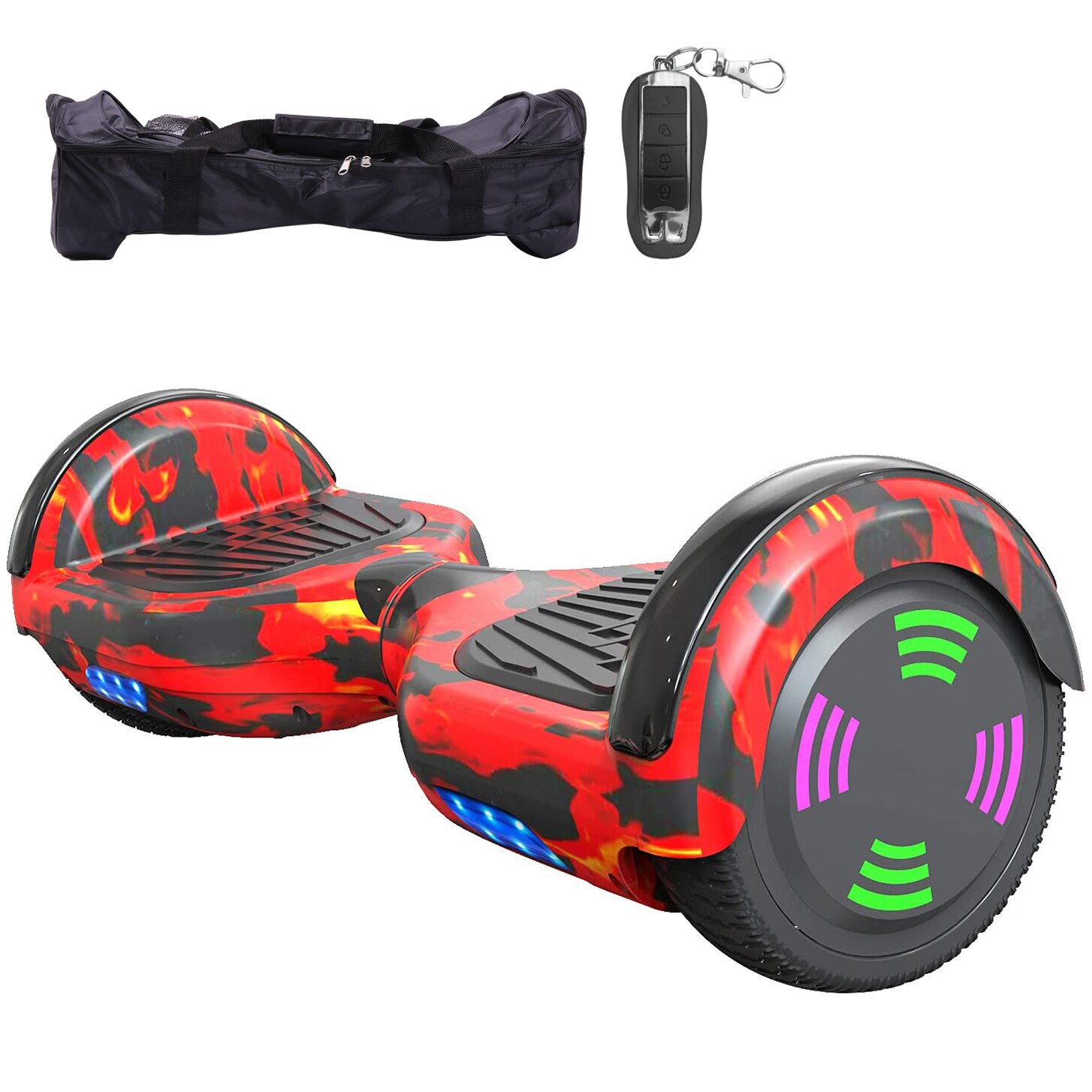Hoverboard GeekMe, bluetooth, Lumina LED roti, cu telecomanda si geanta, 6,5 inch, Rosu de flacara