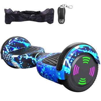 Hoverboard GeekMe, bluetooth, Lumina LED roti, cu telecomanda, geanta si speaker, 6,5 inch, Albastru instelat Hoverboard GeekMe, bluetooth, Lumina LED roti, cu telecomanda, geanta si speaker, 6,5 inch, Albastru instelat