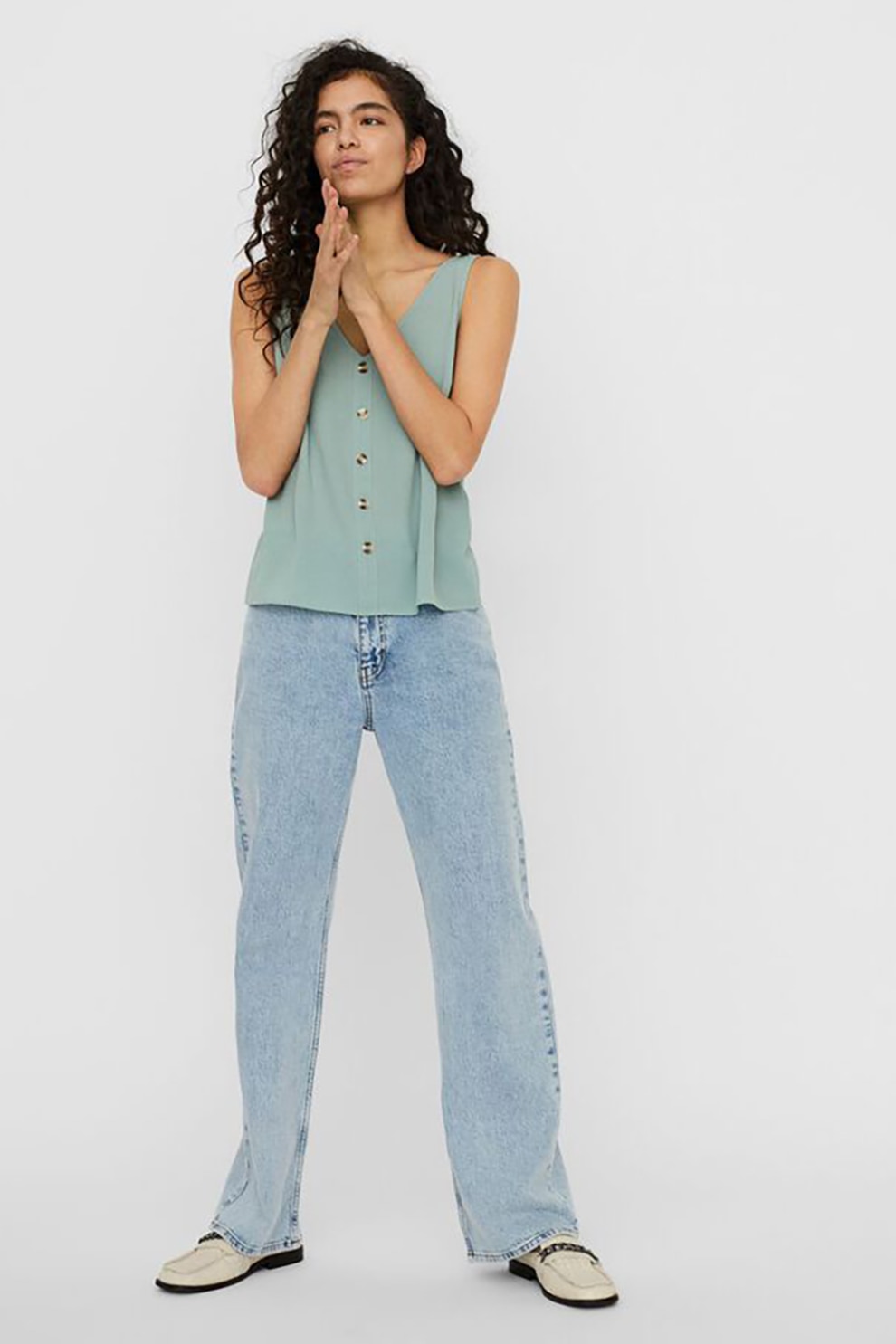 Vero Moda, Top cu decolteu in V si nasturi decorativi, Verde persan