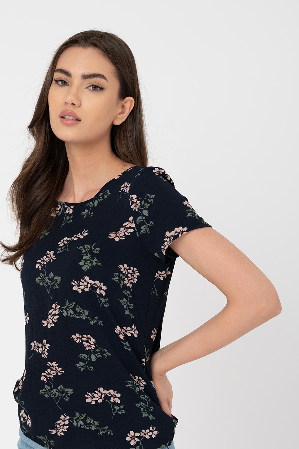 Vero Moda, Bluza cu maneci scurte si imprimeu Saga, Bleumarin