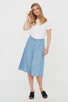 Vero Moda, Fusta midi evazata din chambray, Albastru lavanda Vero Moda, Fusta midi evazata din chambray, Albastru lavanda
