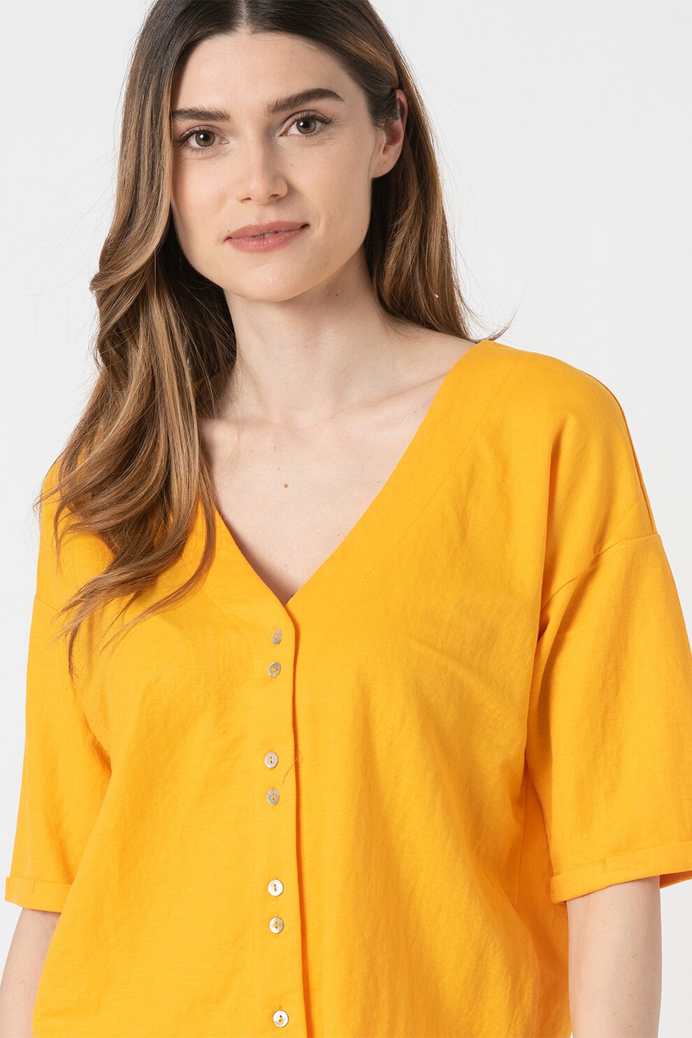 Vero Moda, Camasa cu decolteu in V si maneci scurte Maya, Galben sofran