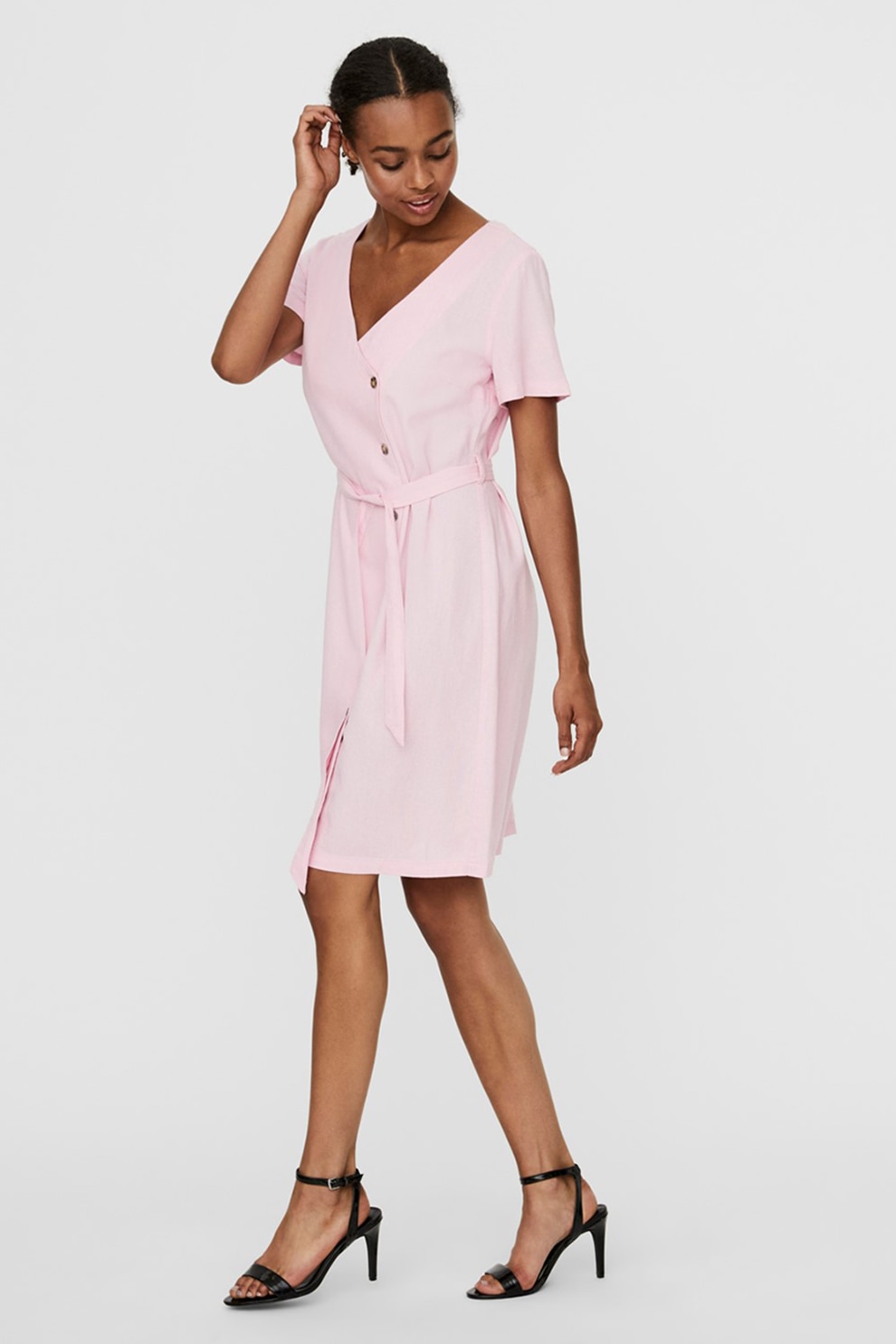 Vero Moda, Rochie petrecuta din amestec de in, Roz pastel