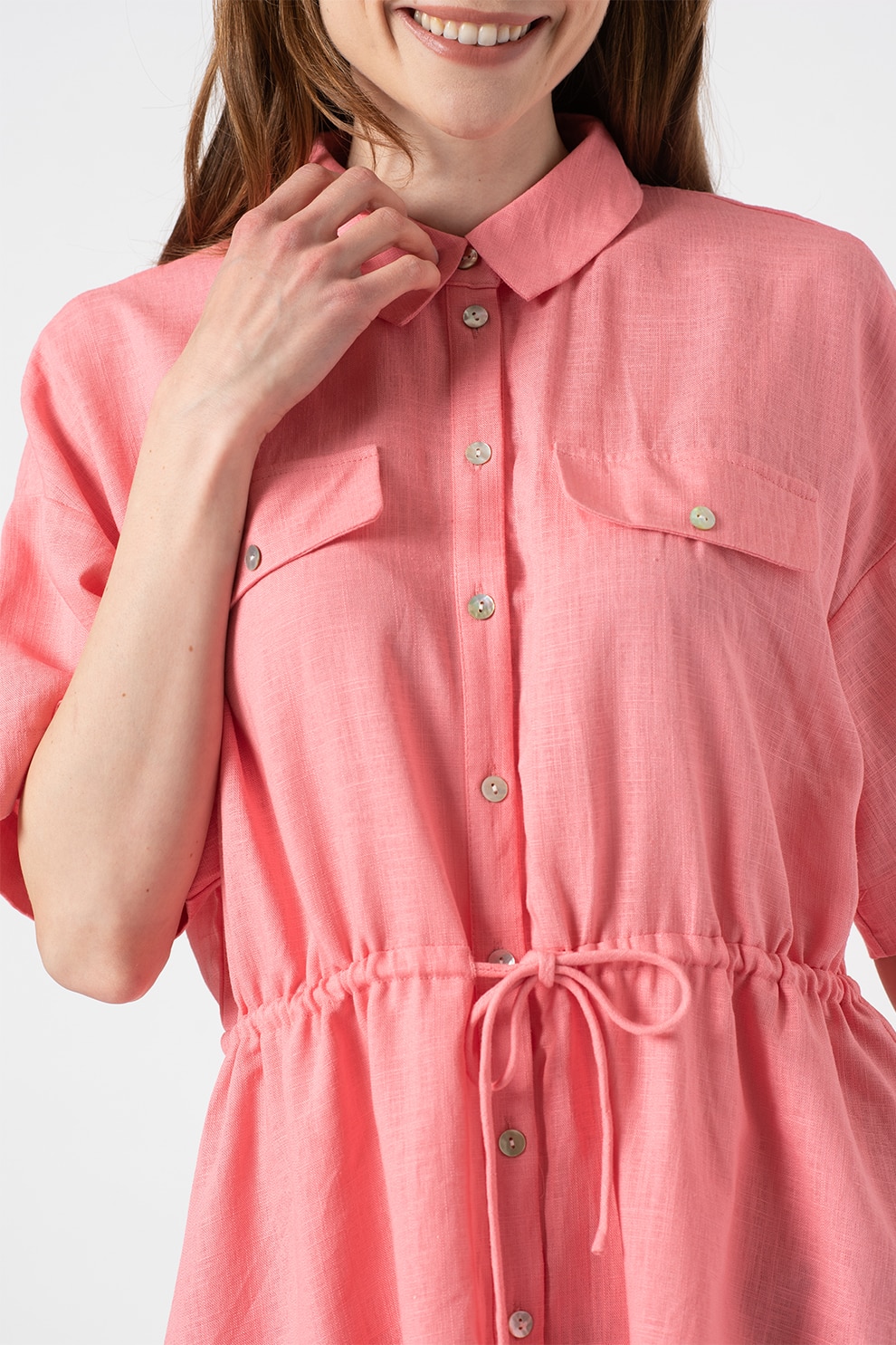 Vero Moda, Rochie camasa din amestec de in, Roz