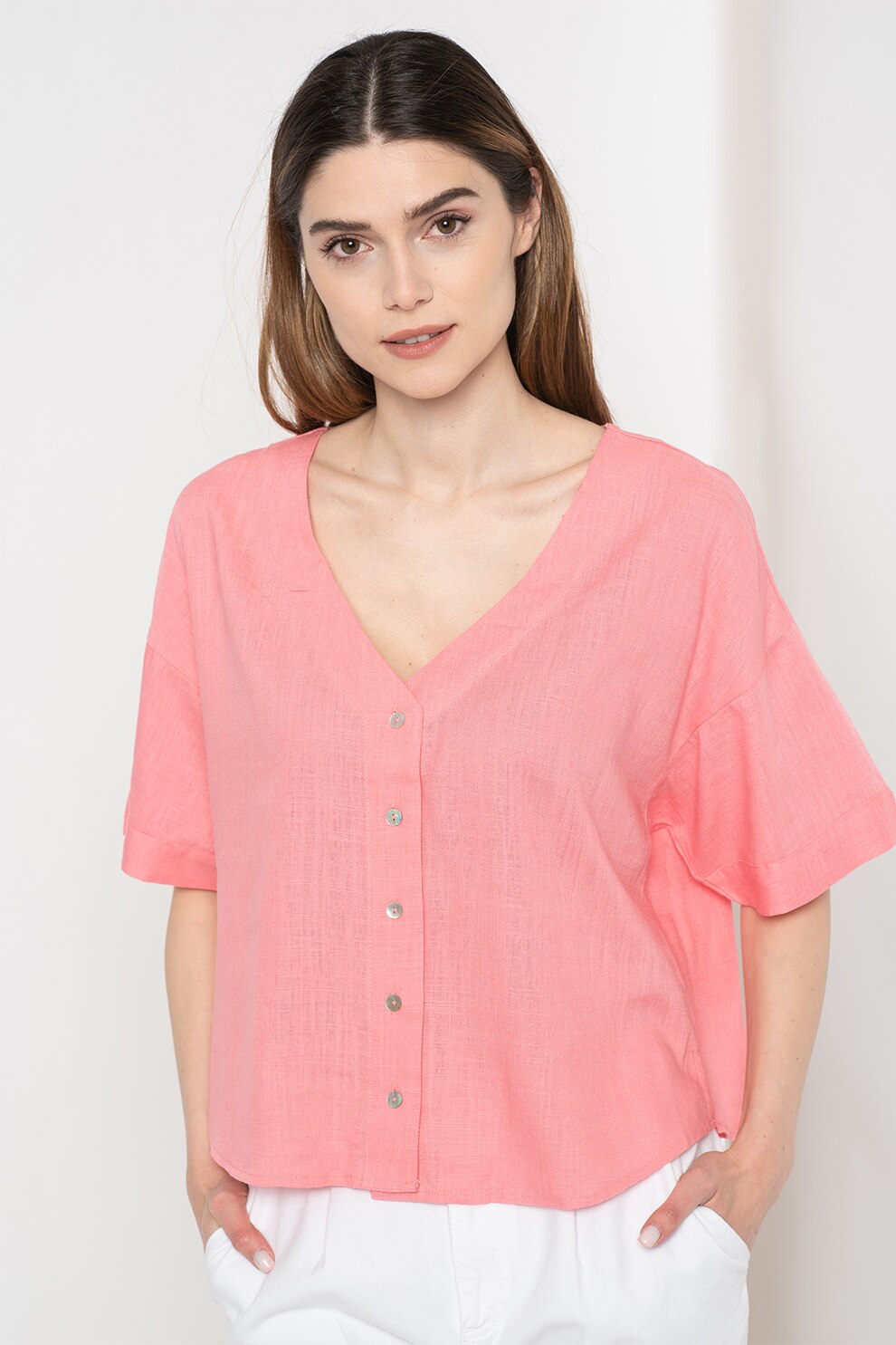 Vero Moda, Camasa cu maneci scurte din amestec de in, Roz