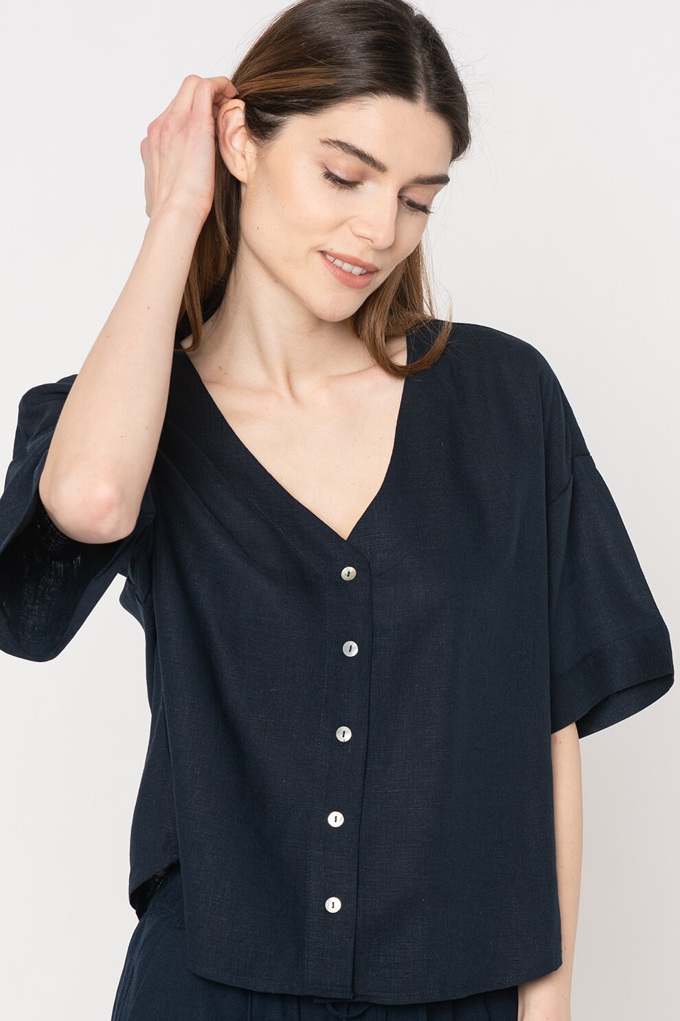 Vero Moda, Camasa cu maneci scurte din amestec de in, Bleumarin