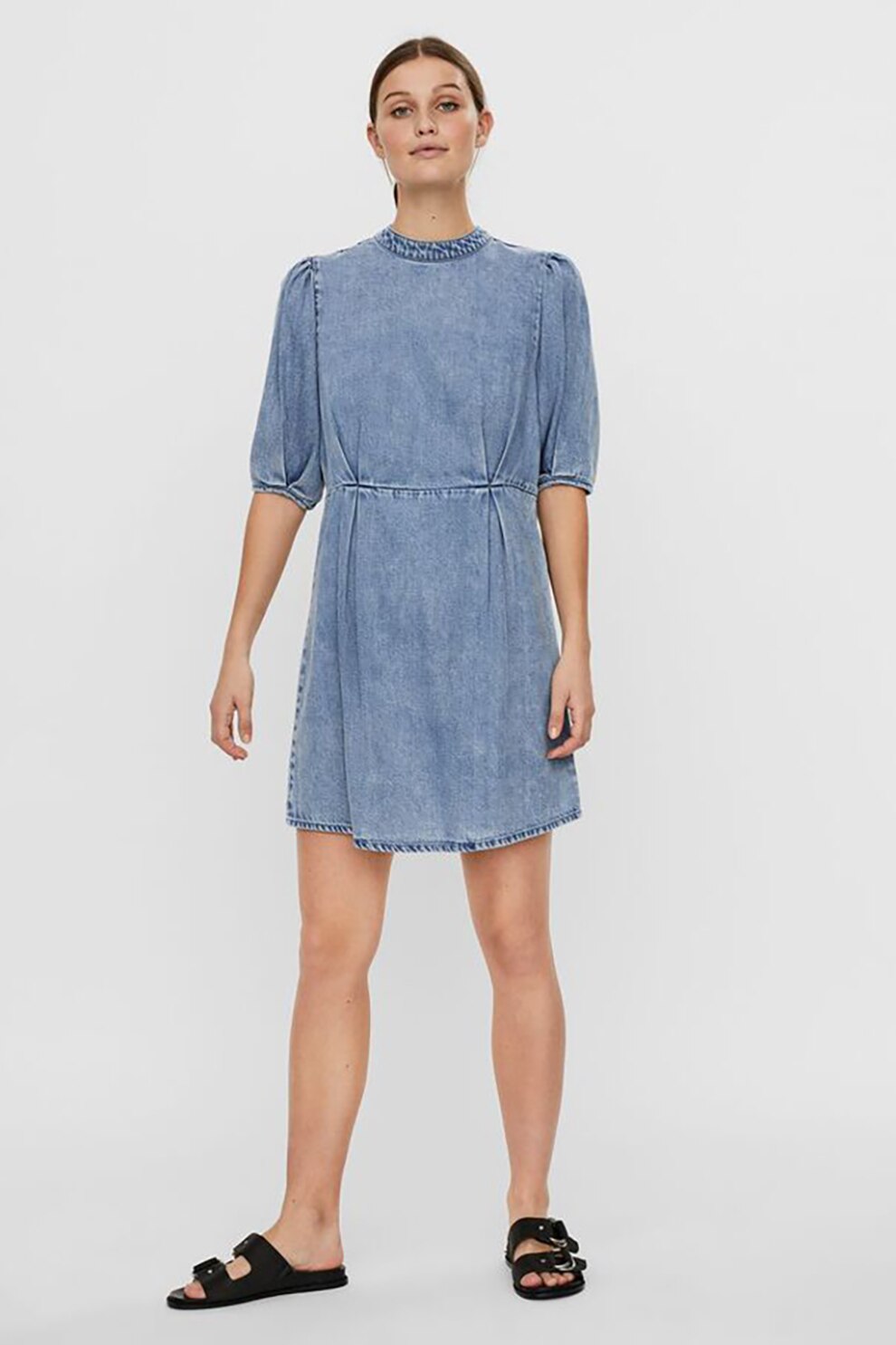 Vero Moda, Rochie din amestec de lyocell cu maneci medii, Albastru prafuit