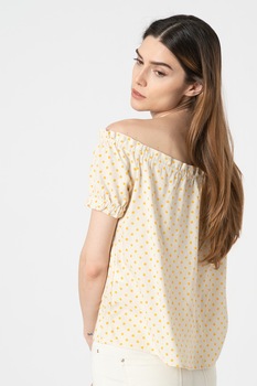 Vero Moda, Tricou din amestec de in, cu decolteu pe umeri si imprimeu, Alb prafuit/Galben sofran Vero Moda, Tricou din amestec de in, cu decolteu pe umeri si imprimeu, Alb prafuit/Galben sofran