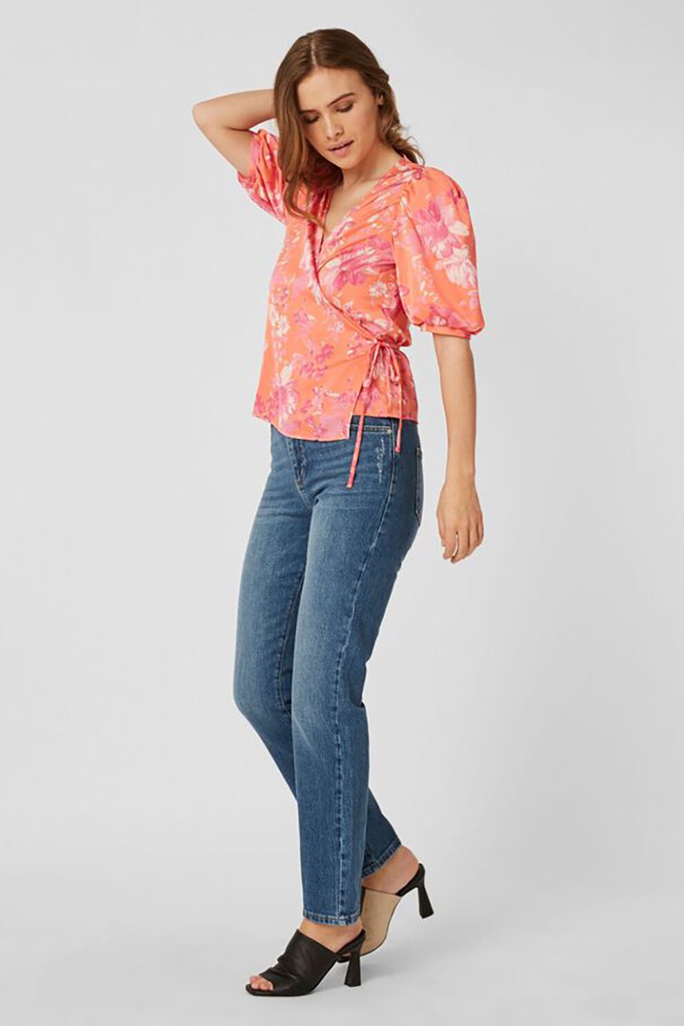 Vero Moda, Bluza petrecuta cu imprimeu floral, Roz somon
