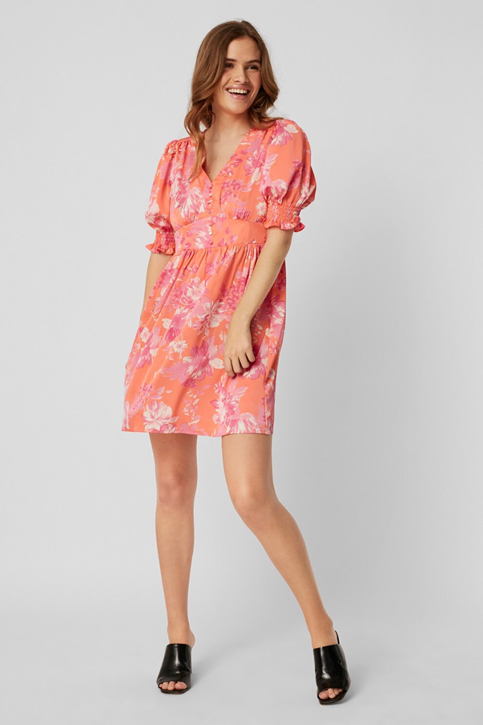 Vero Moda, Rochie cu decolteu in V si imprimeu floral, Roz somon