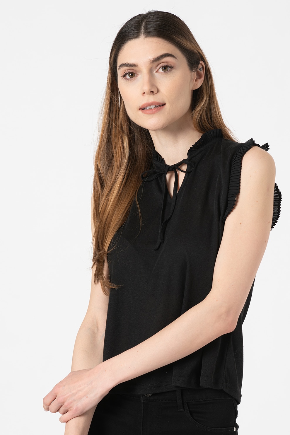 Vero Moda, Bluza din amestec de in, fara maneci Kali, Negru, L