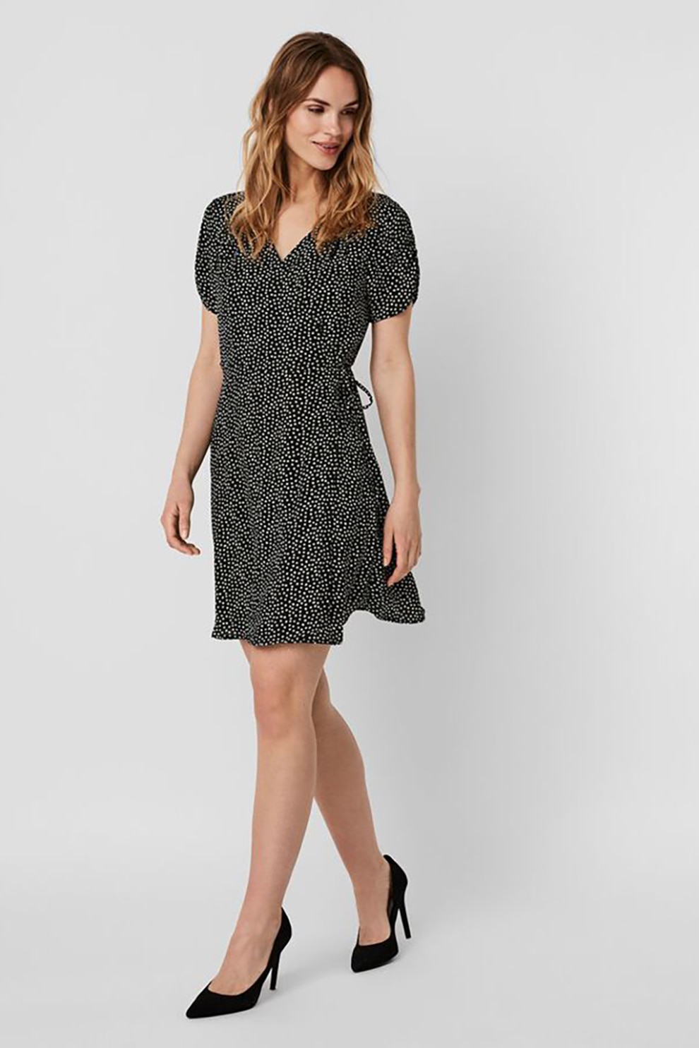 Vero Moda, Rochie petrecuta cu imprimeu si maneci scurte, Negru