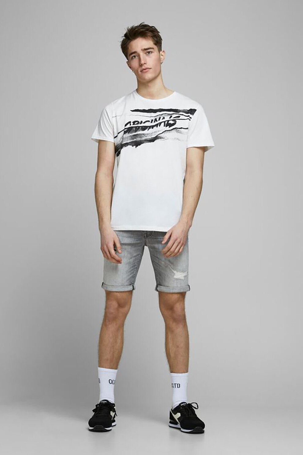 Jack&Jones, Bermude din denim cu detalii cu aspect deteriorat, Gri, S