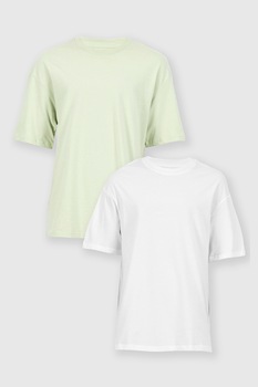 Jack&Jones, Set de tricouri cu decolteu la baza gatului Brink - 2 piese, Alb/Verde fistic