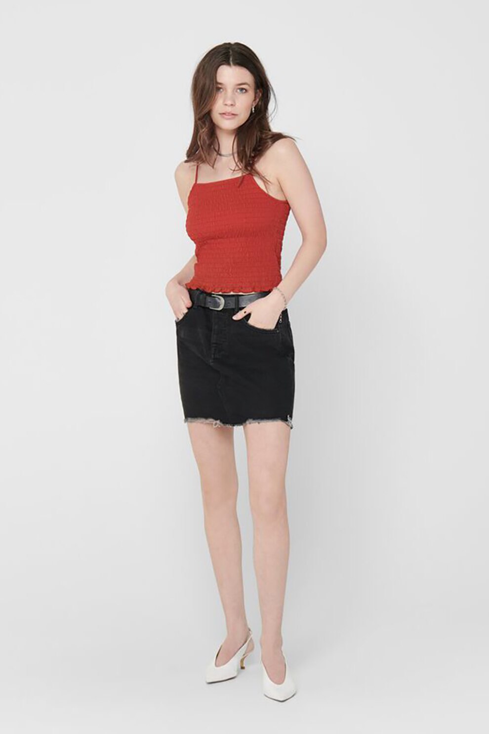 Only, Fusta din denim cu terminatie nefinisata, Negru