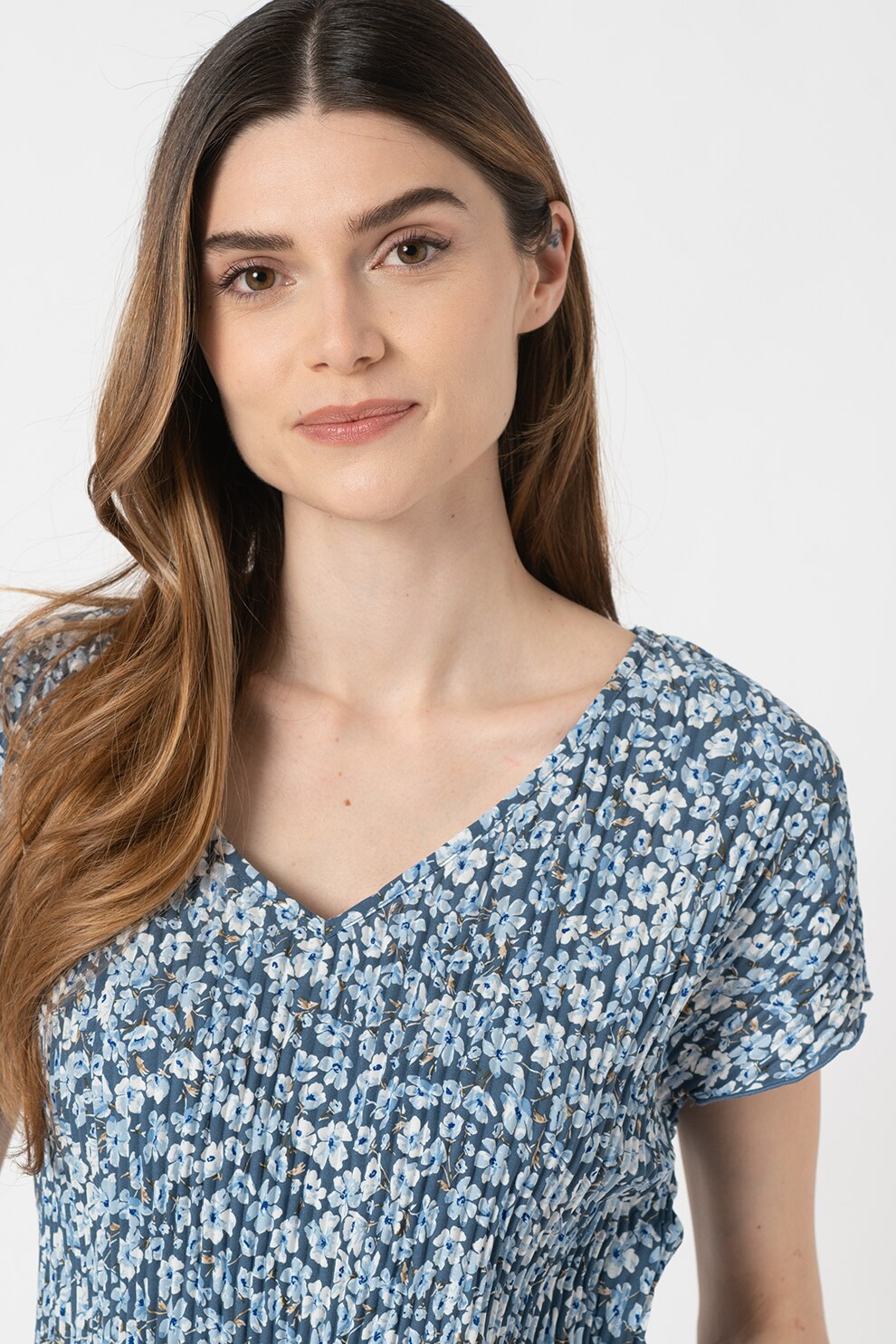 Only, Bluza cu imprimeu floral si pliuri Fuchsia, Albastru petrol/Albastru pastel/Alb