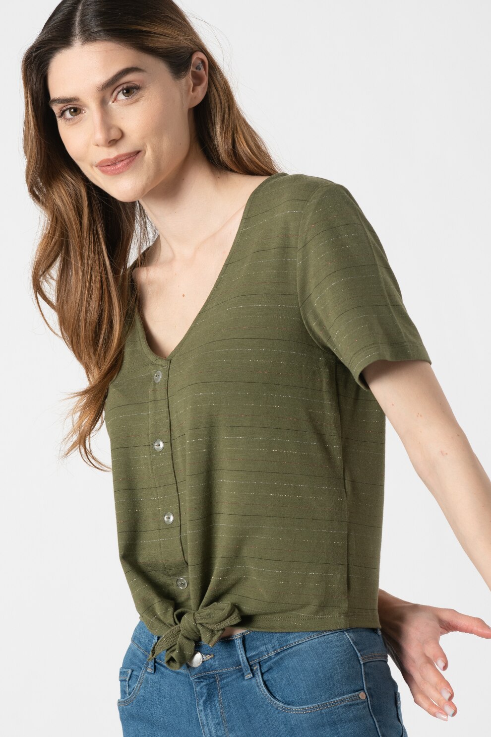 Only, Tricou cu decolteu in V si detaliu innodat Moster, Verde/Argintiu