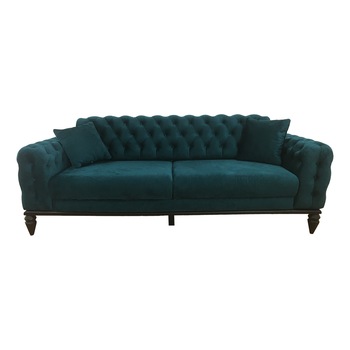 Canapea fixa JASMINE, MobAmbient, Albastru marin, material textil, structura lemn masiv, stofa catifelata, spatar si brate tip Chesterfield, picioare lemn masiv elegante, 2 perne incluse, 225 x 95 cm Canapea fixa JASMINE, MobAmbient, Albastru marin, material textil, structura lemn masiv, stofa catifelata, spatar si brate tip Chesterfield, picioare lemn masiv elegante, 2 perne incluse, 225 x 95 cm