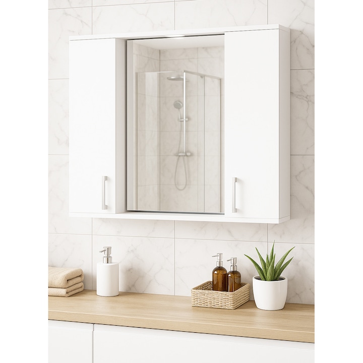 Oglinda cu dulap si iluminare LED Badenmob, 75x60x14 cm, Alb