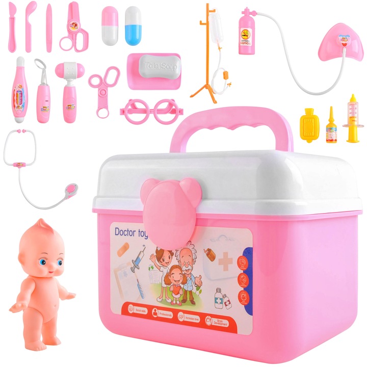 Iso Trade Orvos játékkészlet, Orvosi készlet, babával, 15x20x15 cm, fehér / rózsaszín