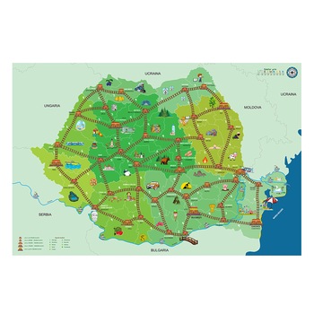 Harta educativa Calator prin Romania si stickere jurnal calatorii, Discit, 3 - 10 ani, 120x80 cm Harta educativa Calator prin Romania si stickere jurnal calatorii, Discit, 3 - 10 ani, 120x80 cm