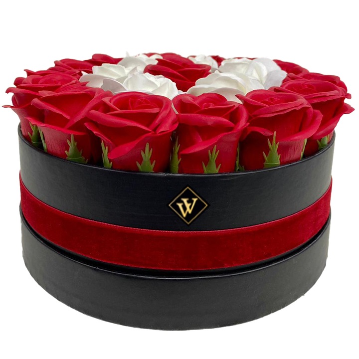 Специална флорална композиция Eternity в кръгла кутия с 21 сапунени рози, червено-бели