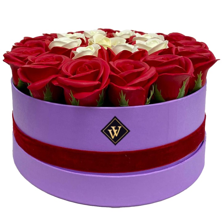 Aranjament floral Special Eternity cu 23 trandafiri sapun in cutie rotunda, rosu-crem