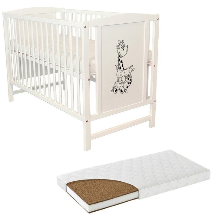 Patut din lemn masiv 120x60 cm Bria alb si saltea cocos LUX 120x60x9 cm, reglabil pe 3 nivele, certificat EN71