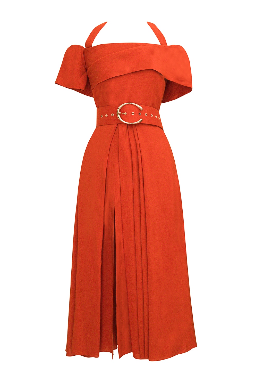 Alina Cernatescu, Rochie halter midi cu decolteu pe umeri, Corai, S