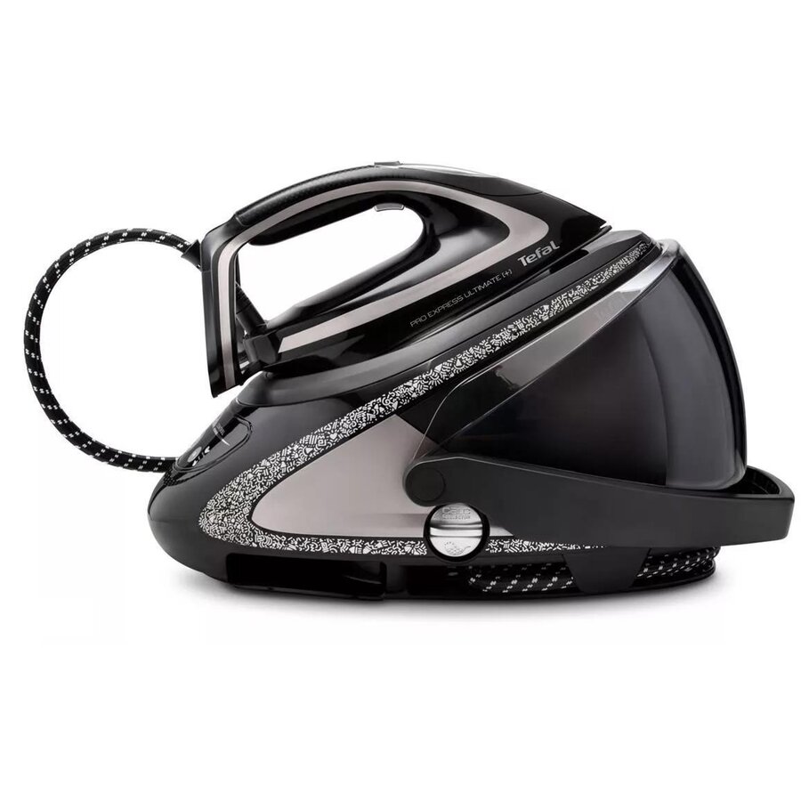 Statie de calcat cu boiler de inalta presiune Tefal Pro Express Ultimate+ GV9620E0, 2600W, 8 bari, abur variabil 0-180 g/min, jet de abur 650 g/min, abur vertical, incalzire rapida in 2 min, rezervor apa detasabil, negru